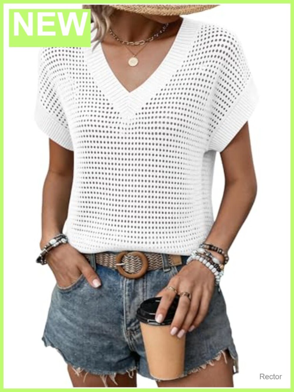 Womens V Neck Crochet Sweater Vest Cap Sleeve Hollow Out Knit Tank Top
